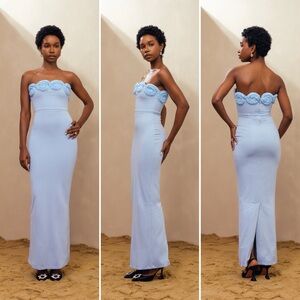 Elexiay x Free People Edo Crochet Flower Strapless Knit Fitted Light Blue Dress